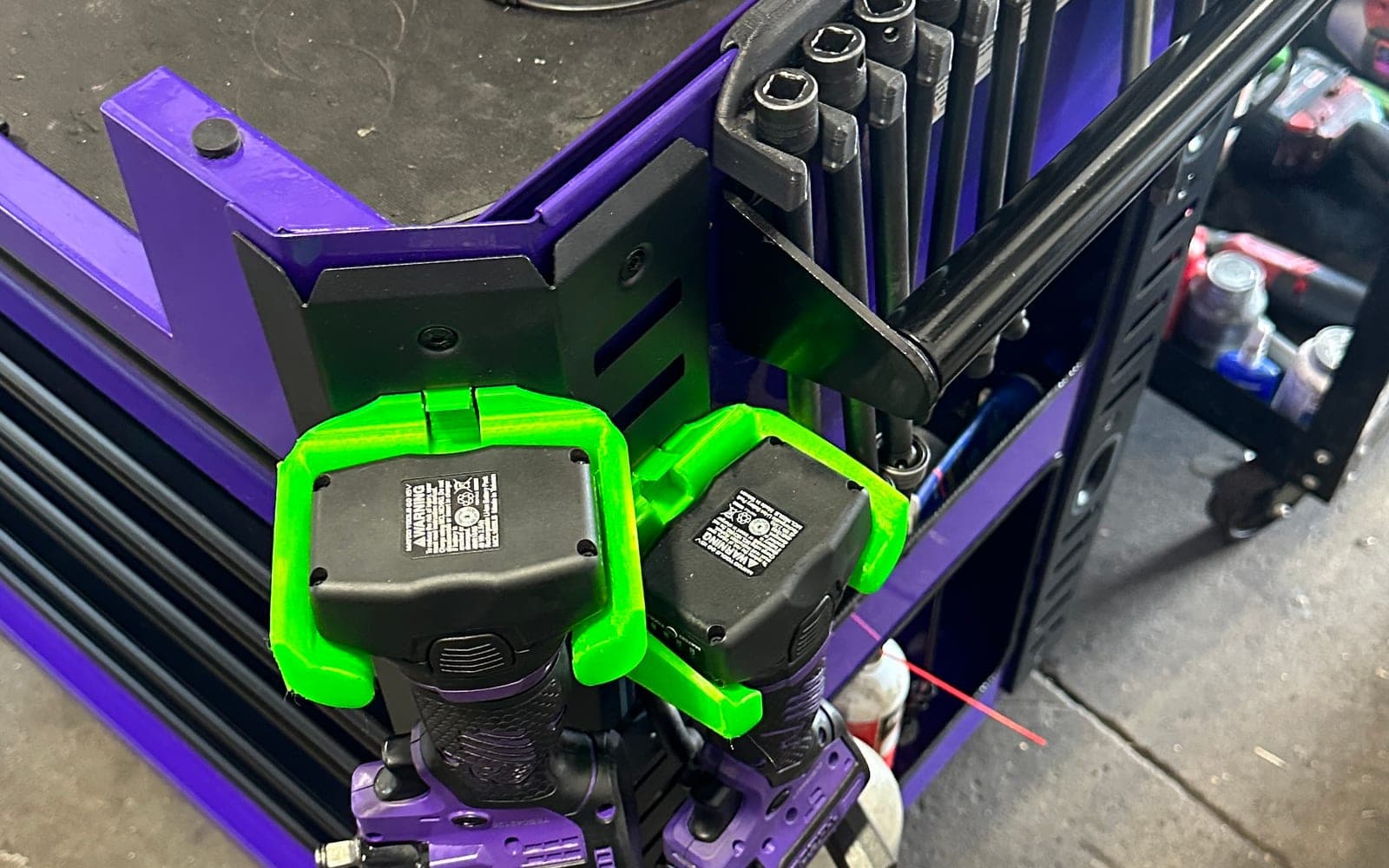 Green functional 3D printed tool holders mounted on a shop cart