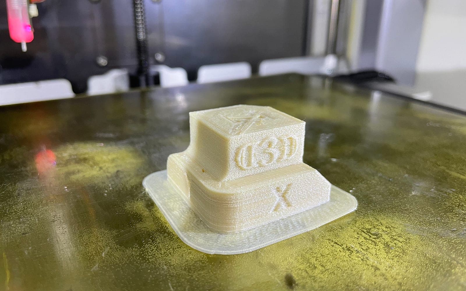 Small prototype block print on a 3D printer bed