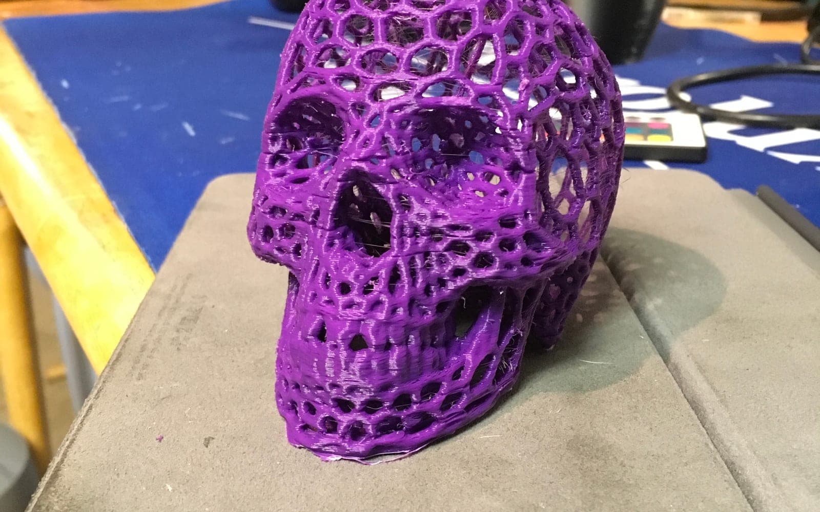 Purple lattice skull display print on a shop surface